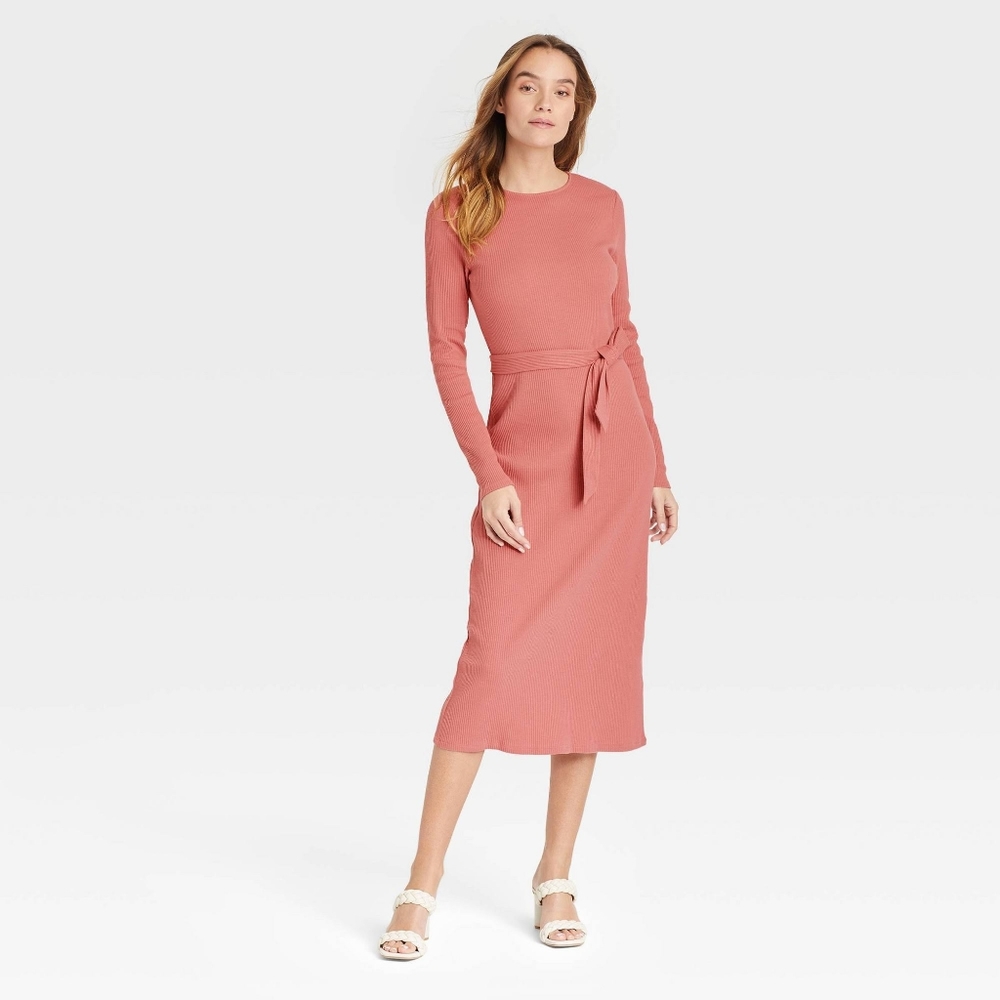 Cotton Ribbed Stretch Midi Sheath Bodycon Dress S - Picture 4 of 8